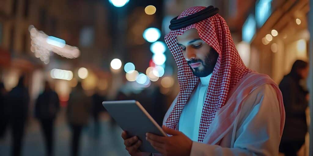 man-traditional-arab-clothing-using-tablet-city-night-realistic-image