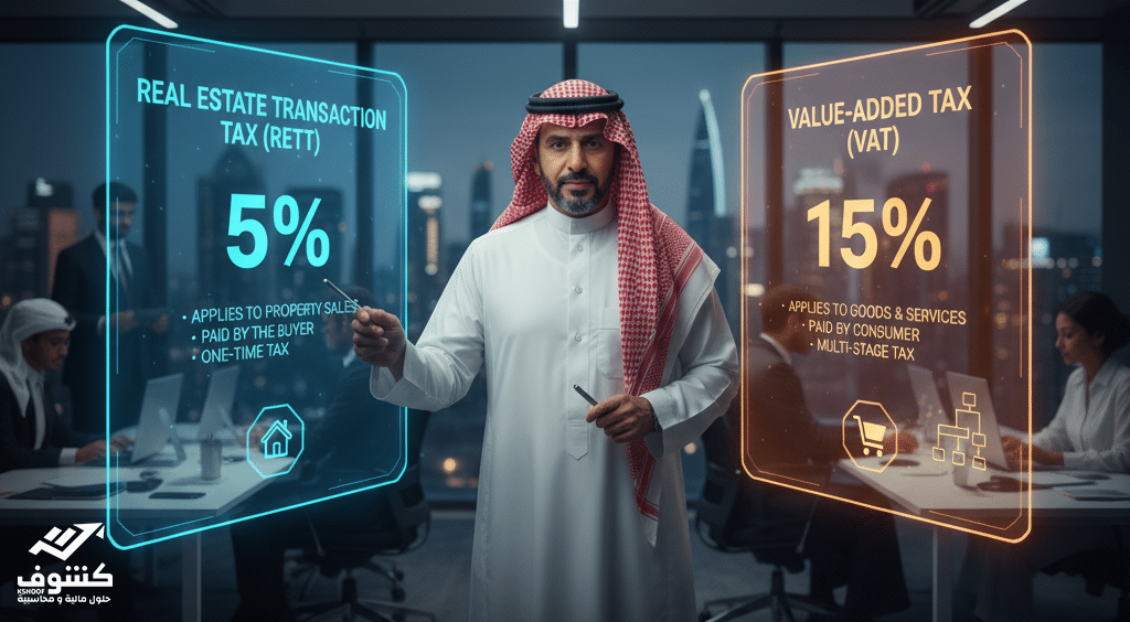 رجل أعمال سعوديًا بالزي الرسمي، في بيئة مكتبية حديثة، يقف بين شاشتي عرض كبيرتين (أو لوحتين معلومات)؛ إحداهما تمثل RTD والأخرى تمثل VAT. كل شاشة تعرض أبرز السمات والاختلافات الجوهرية بينهما بوضوح.