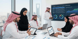 مجموعة موظفين يشرحوا كيفية تحليل القوائم المالية