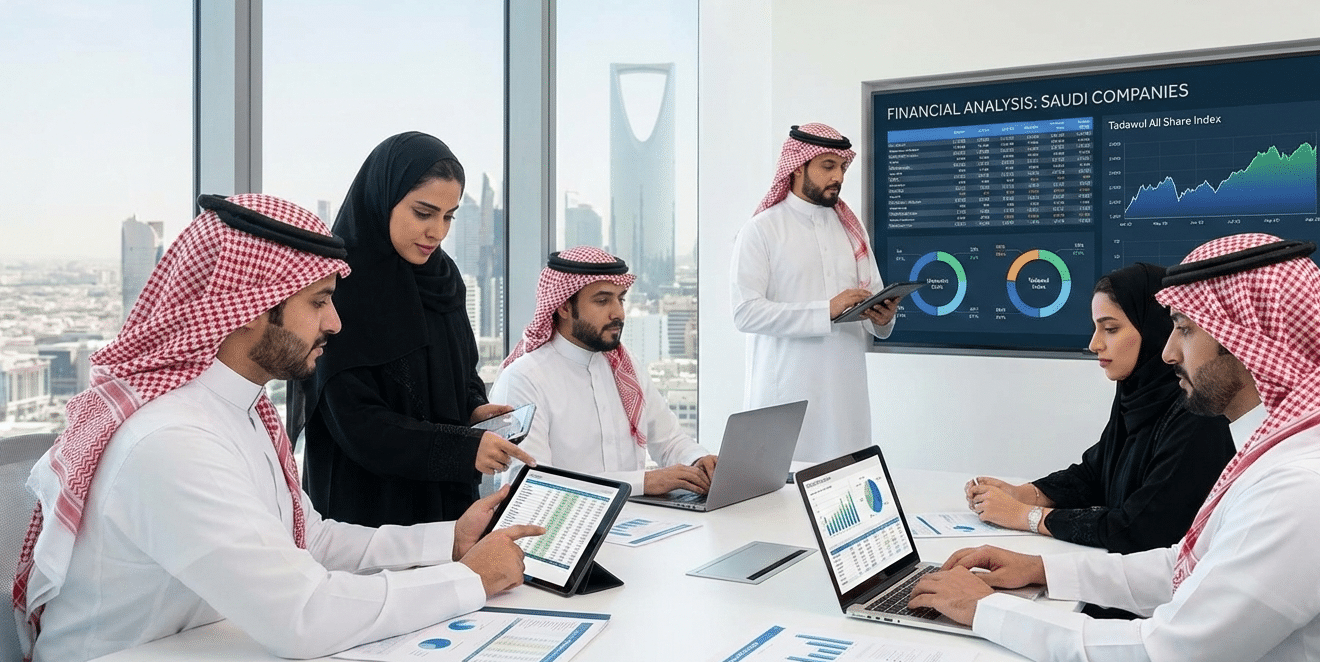 مجموعة موظفين يشرحوا كيفية تحليل القوائم المالية