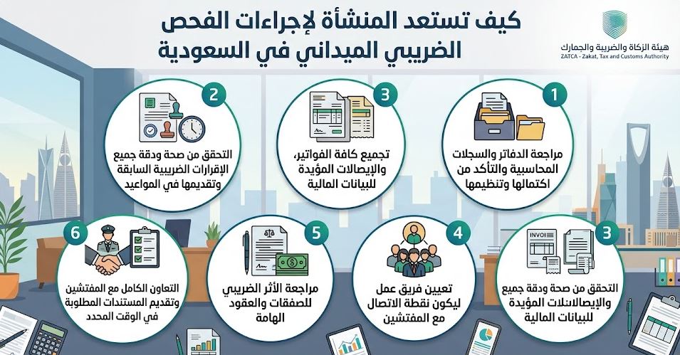 حل مشاكل الفحص الضريبي في السعودية وحالات الفحص الضريبي التقديري | الدليل الشامل في السعودية لعام 2026 1 كيف تستعد المنشأة لإجراءات الفحص الضريبي الميداني