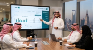 شرح منصة قوائم وزارة التجارة 2026 | خطوات التسجيل والإيداع المالي 4 محاسب سعودي فى إجتماع يعمل علي شرح منصة قوائم وزارة التجارة
